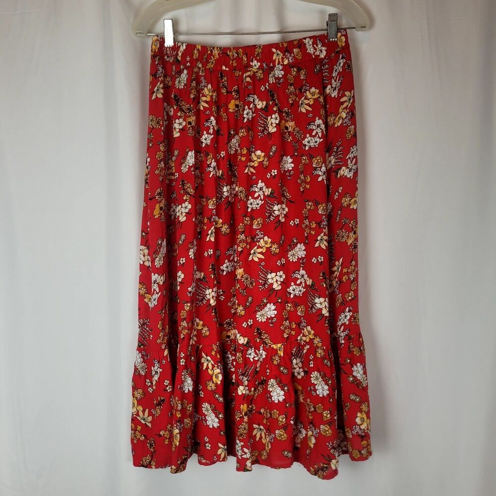 Rachel Zoe Midi Skirt Womens Medium Red Floral Bohemian